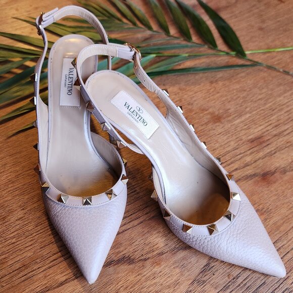 Valentino Blush Pink Leather Rockstud Embellished D'orsay Slingback Pumps - Picture 1 of 15